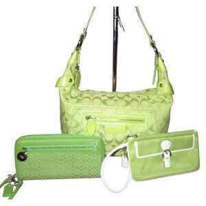 Coach 2010 Lime Green Penelope Signature Canvas Hobo Matching Wallet & Wristlet